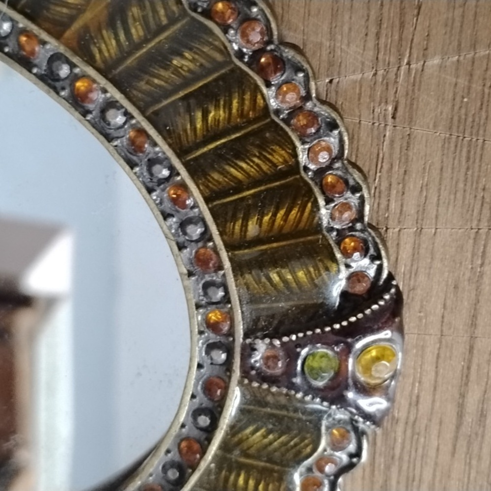 . Vintage Hand Held Mirror - Orange Brown Enameled w Rhinestones Vanity Mirror - Picture 7 of 9